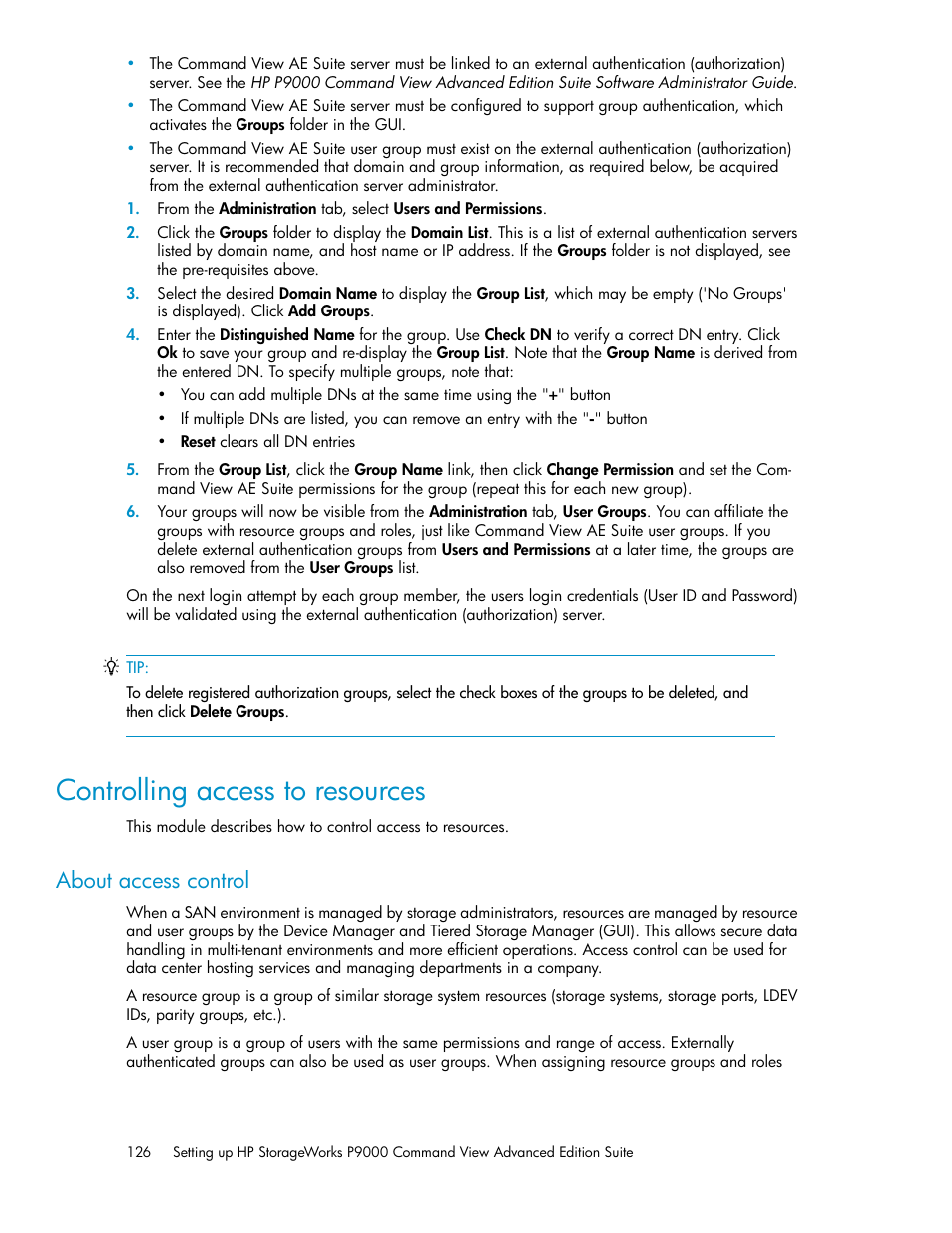 Controlling access to resources, About access control | HP XP Command View Advanced Edition Software User Manual | Page 126 / 182