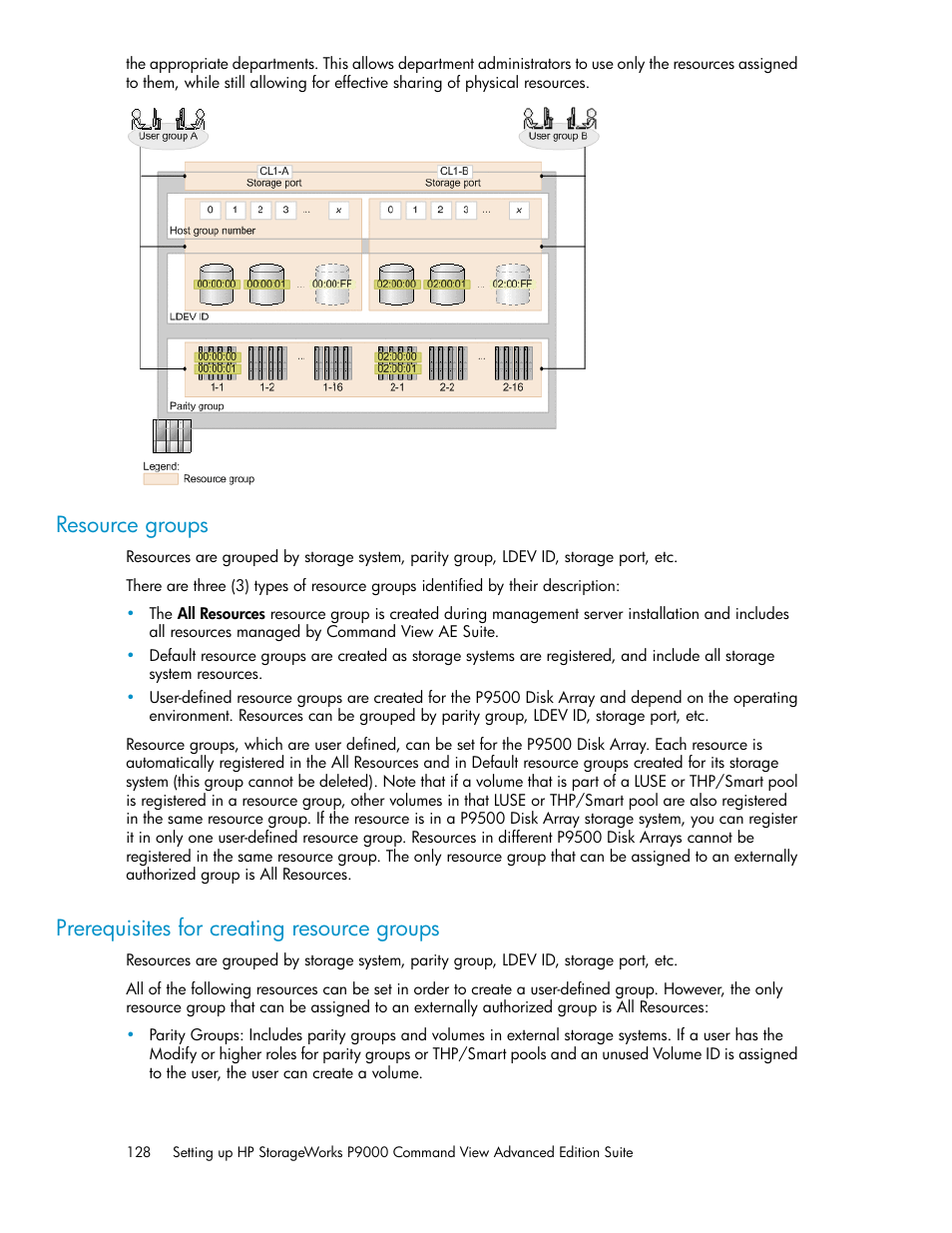 Resource groups, Prerequisites for creating resource groups, 128 prerequisites for creating resource groups | HP XP Command View Advanced Edition Software User Manual | Page 128 / 182
