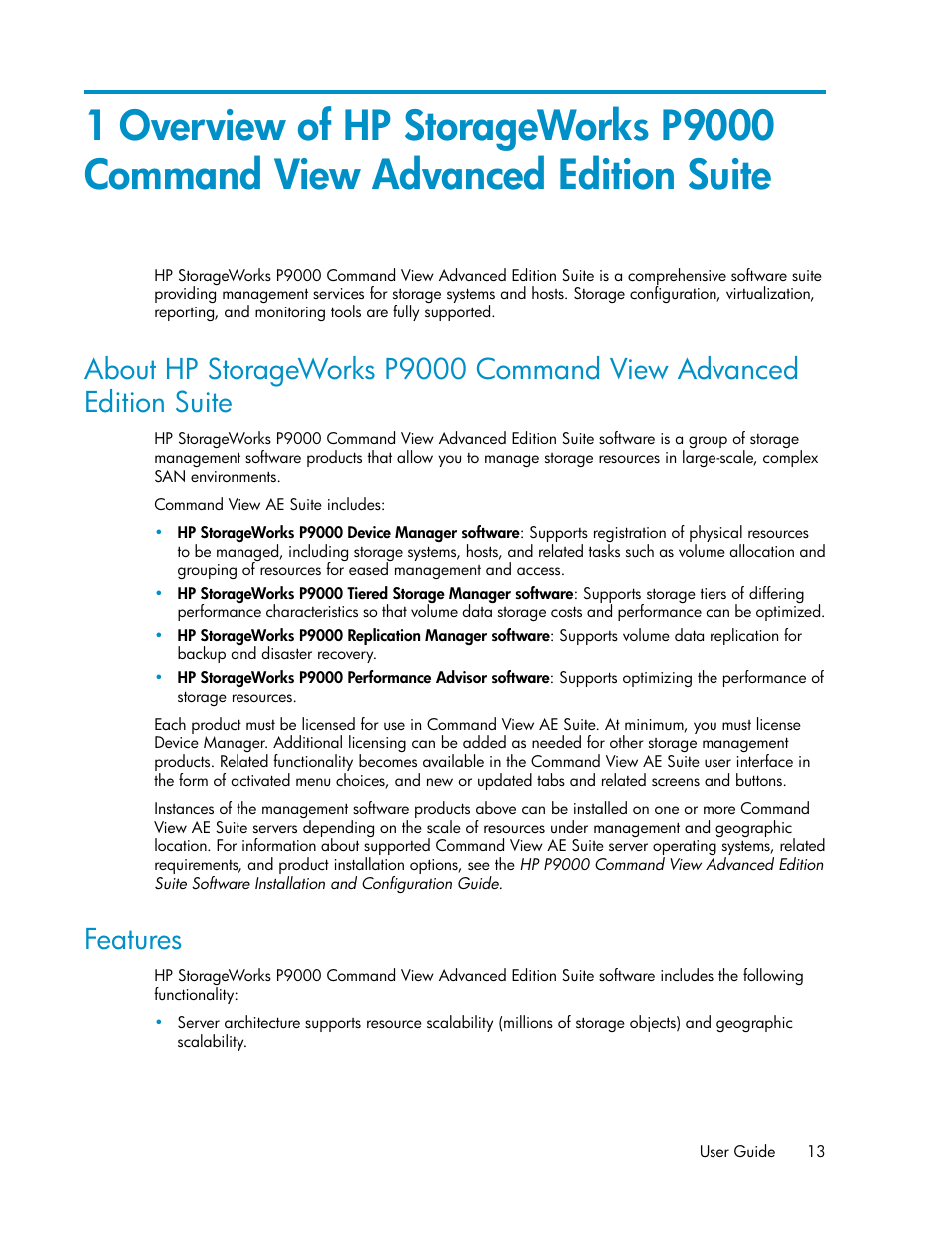 Features, 13 features | HP XP Command View Advanced Edition Software User Manual | Page 13 / 182