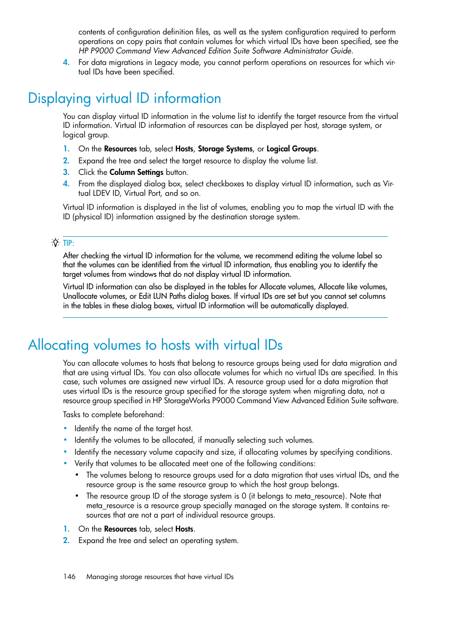 Displaying virtual id information, Allocating volumes to hosts with virtual ids, 146 allocating volumes to hosts with virtual ids | HP XP Command View Advanced Edition Software User Manual | Page 146 / 182