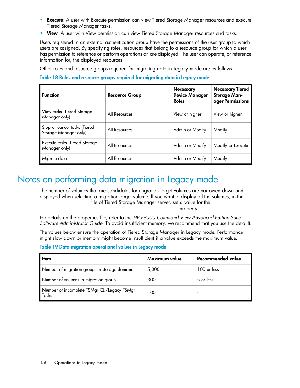 Notes on performing data migration in legacy mode, Data migration operational values in legacy mode | HP XP Command View Advanced Edition Software User Manual | Page 150 / 182