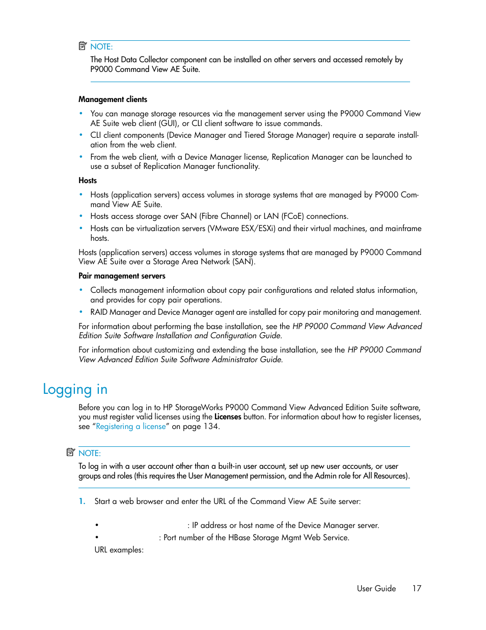 Logging in | HP XP Command View Advanced Edition Software User Manual | Page 17 / 182