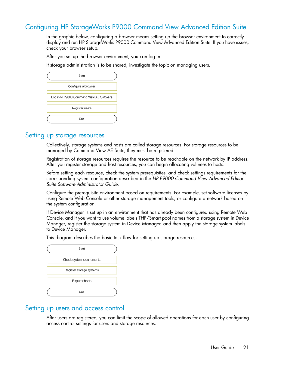 Setting up storage resources, Setting up users and access control, 21 setting up storage resources | 21 setting up users and access control | HP XP Command View Advanced Edition Software User Manual | Page 21 / 182