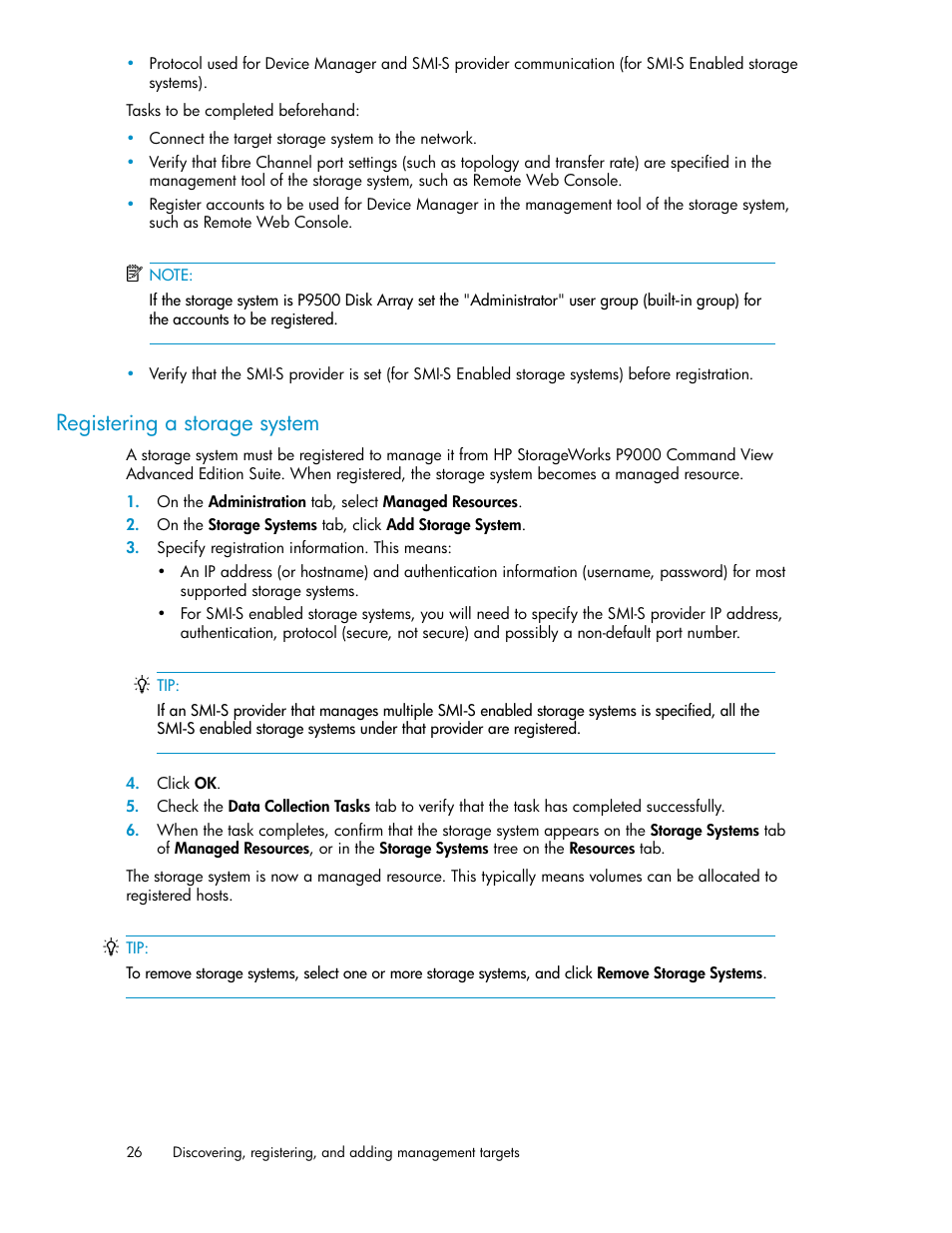 Registering a storage system | HP XP Command View Advanced Edition Software User Manual | Page 26 / 182