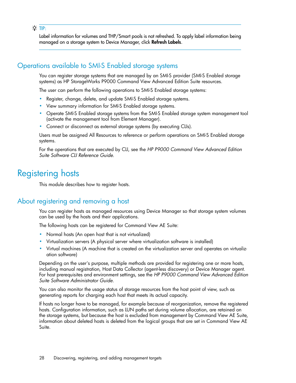 Registering hosts, About registering and removing a host | HP XP Command View Advanced Edition Software User Manual | Page 28 / 182