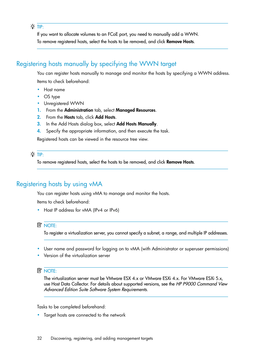 Registering hosts by using vma, 32 registering hosts by using vma | HP XP Command View Advanced Edition Software User Manual | Page 32 / 182