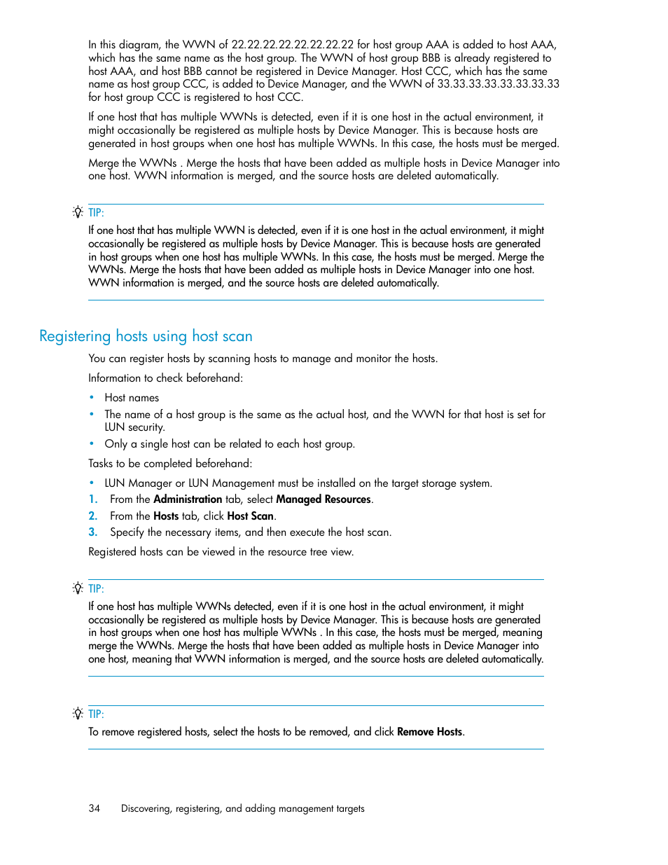 Registering hosts using host scan | HP XP Command View Advanced Edition Software User Manual | Page 34 / 182