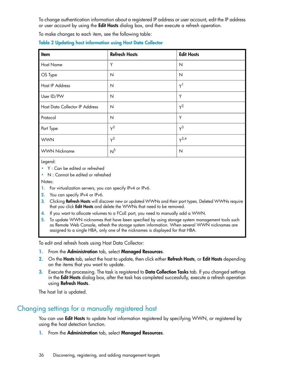 Changing settings for a manually registered host | HP XP Command View Advanced Edition Software User Manual | Page 36 / 182