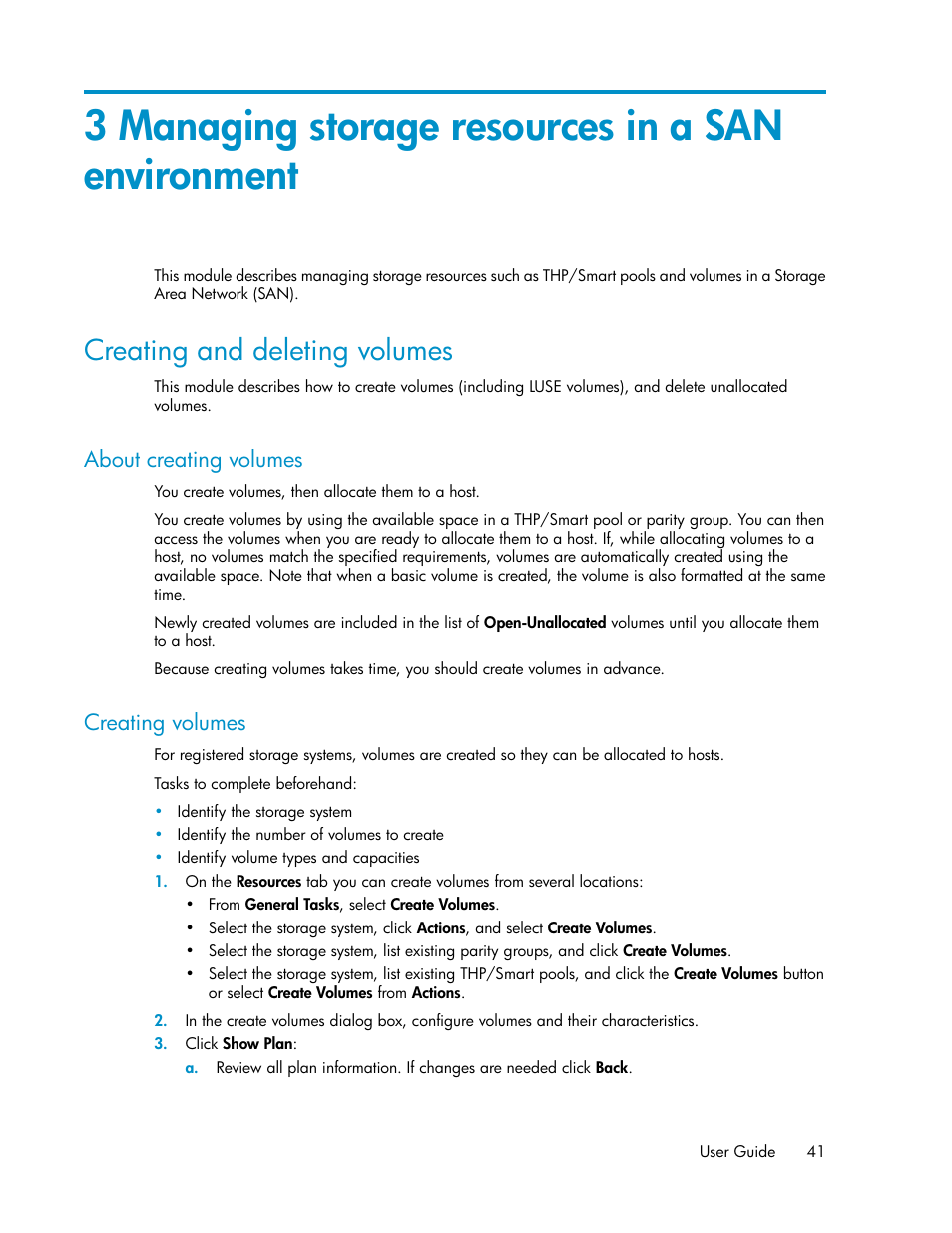 3 managing storage resources in a san environment, Creating and deleting volumes, About creating volumes | Creating volumes, 41 creating volumes | HP XP Command View Advanced Edition Software User Manual | Page 41 / 182