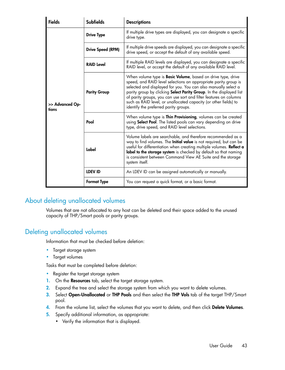 About deleting unallocated volumes, Deleting unallocated volumes, 43 deleting unallocated volumes | HP XP Command View Advanced Edition Software User Manual | Page 43 / 182