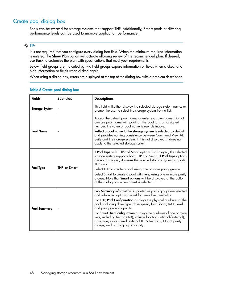 Create pool dialog box | HP XP Command View Advanced Edition Software User Manual | Page 48 / 182