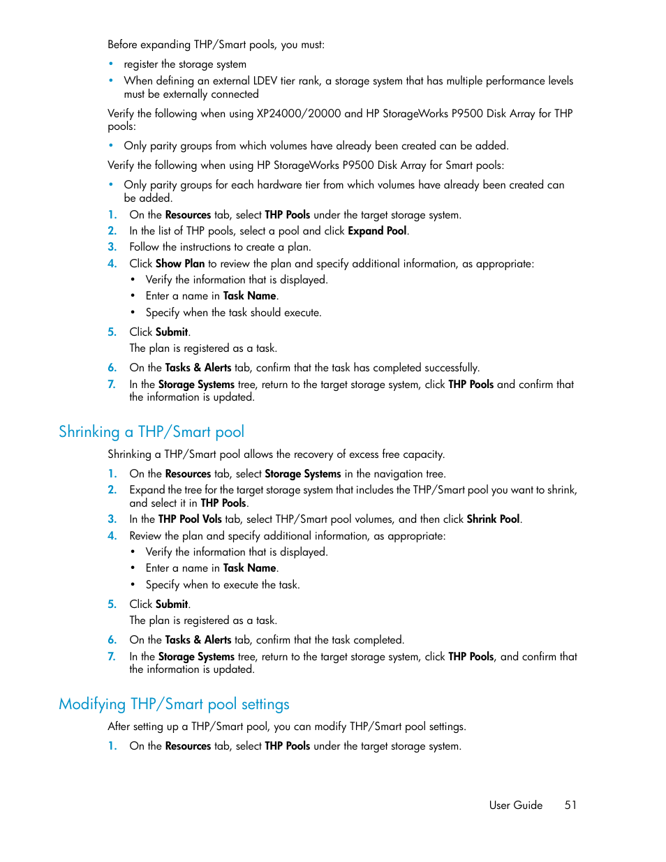 Shrinking a thp/smart pool, Modifying thp/smart pool settings, 51 modifying thp/smart pool settings | HP XP Command View Advanced Edition Software User Manual | Page 51 / 182