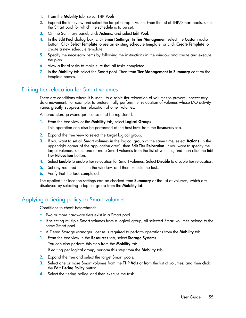 Editing tier relocation for smart volumes, Applying a tiering policy to smart volumes, 55 applying a tiering policy to smart volumes | HP XP Command View Advanced Edition Software User Manual | Page 55 / 182