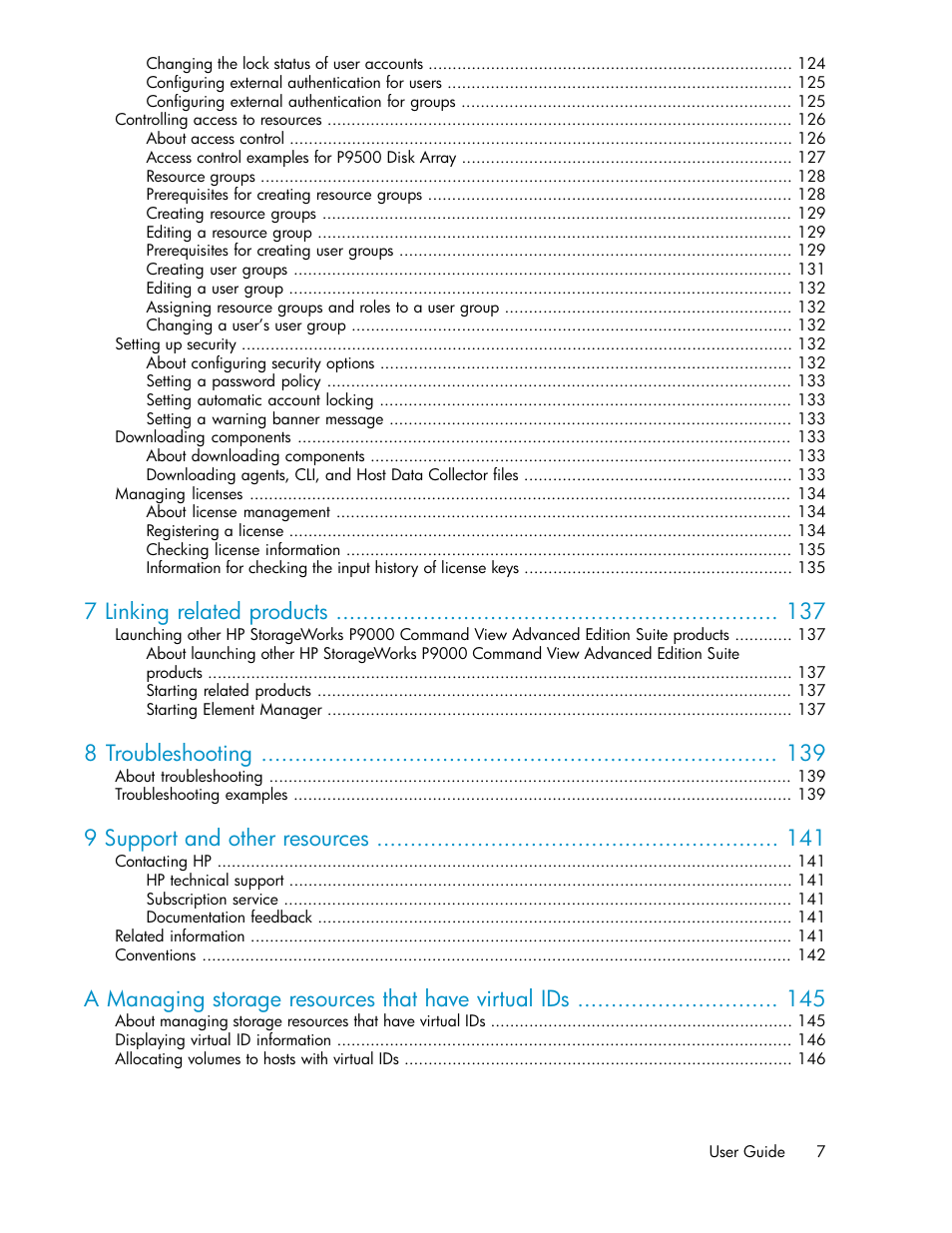 7 linking related products, 8 troubleshooting, 9 support and other resources | A managing storage resources that have virtual ids | HP XP Command View Advanced Edition Software User Manual | Page 7 / 182