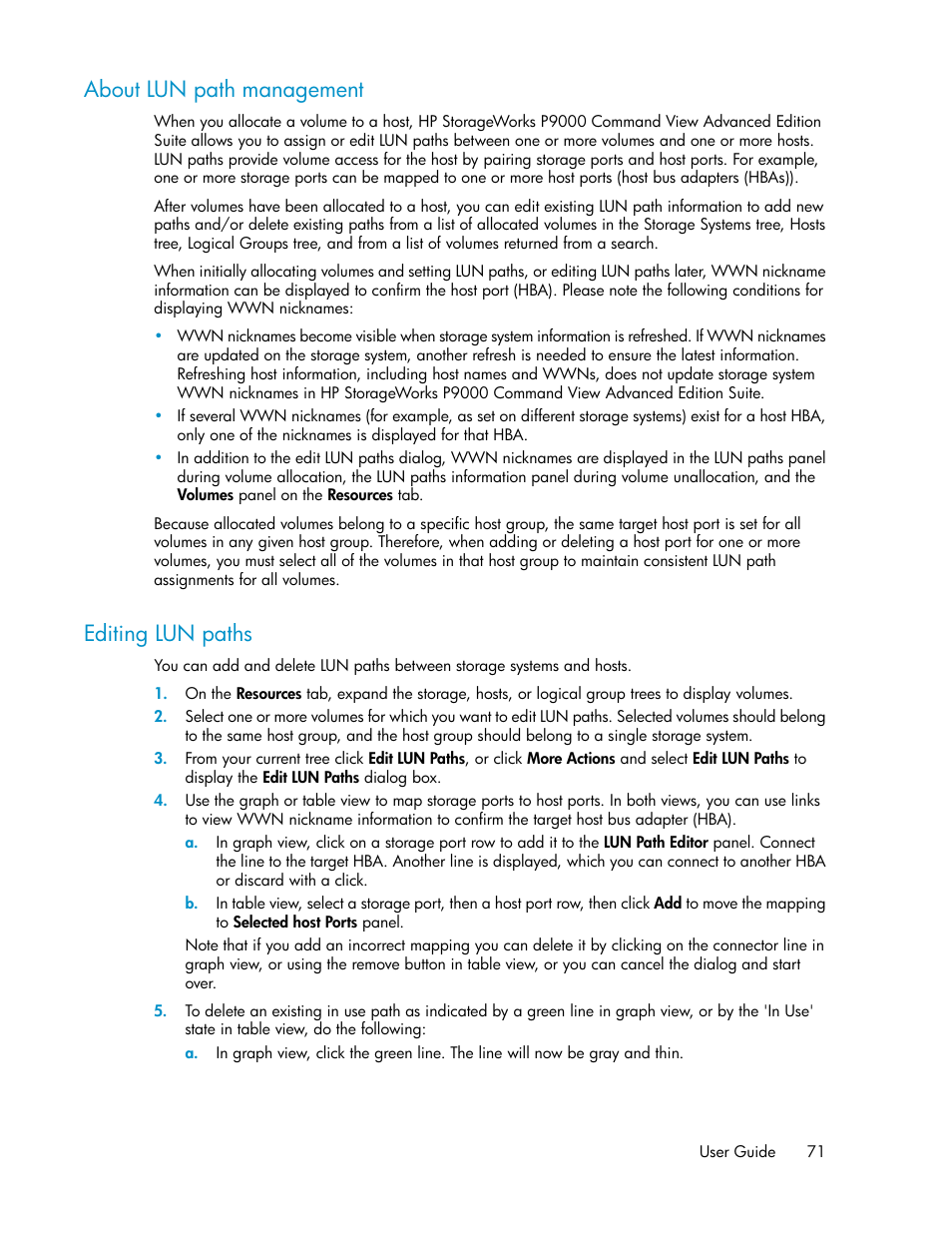 About lun path management, Editing lun paths, 71 editing lun paths | HP XP Command View Advanced Edition Software User Manual | Page 71 / 182