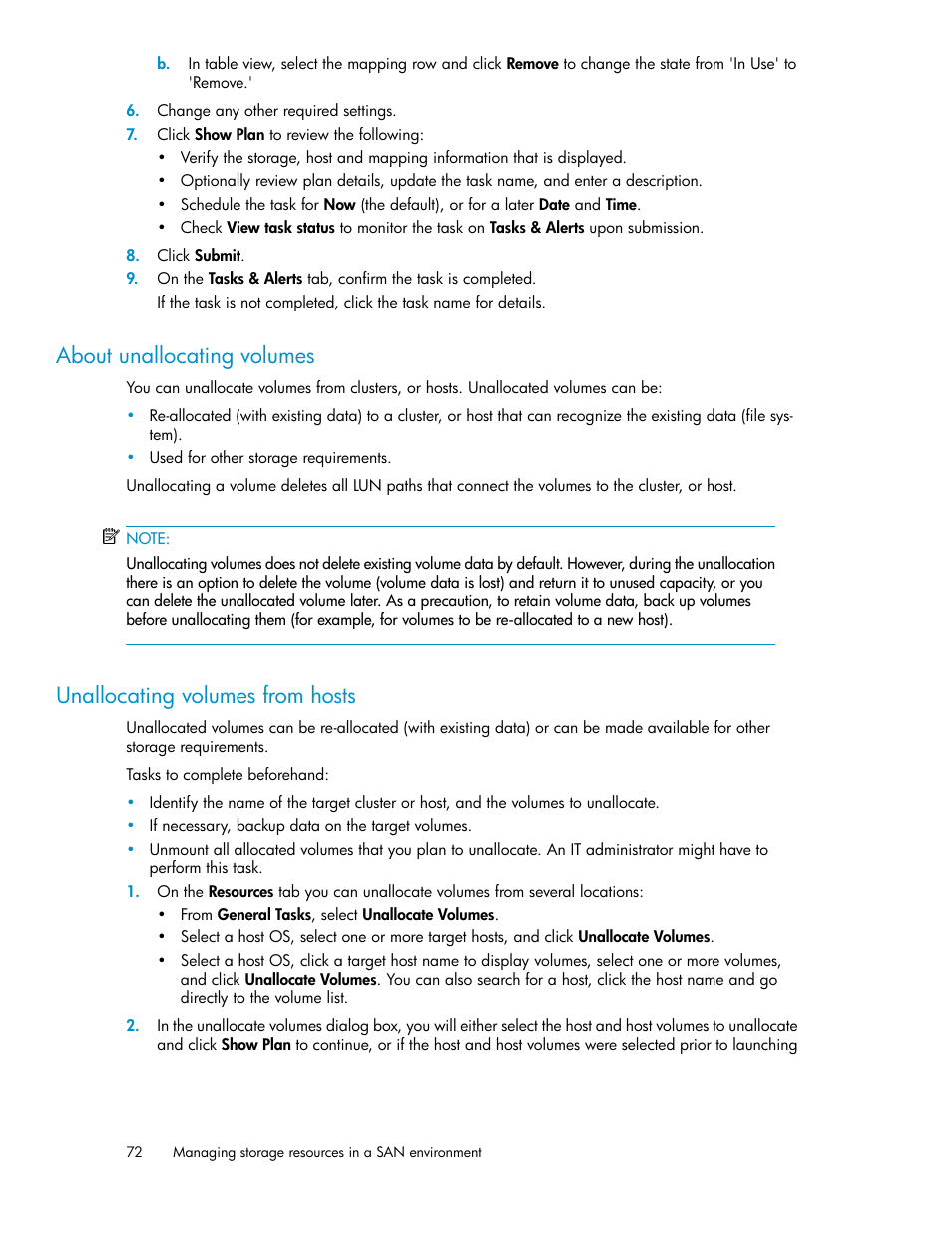 About unallocating volumes, Unallocating volumes from hosts, 72 unallocating volumes from hosts | HP XP Command View Advanced Edition Software User Manual | Page 72 / 182