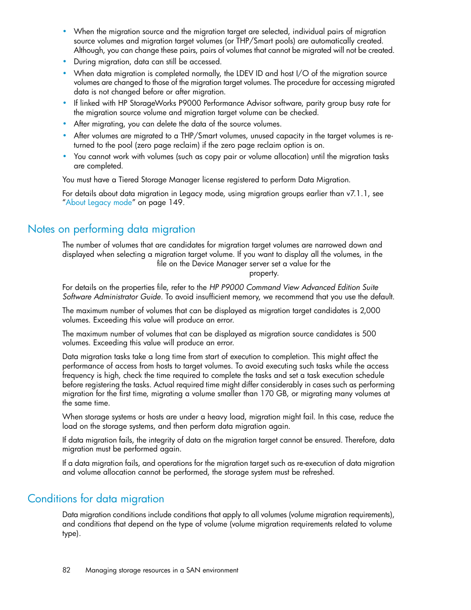 Notes on performing data migration, Conditions for data migration, 82 conditions for data migration | HP XP Command View Advanced Edition Software User Manual | Page 82 / 182