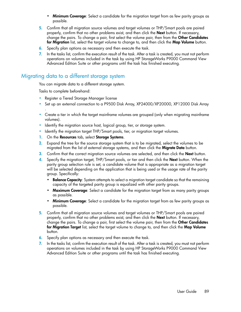 Migrating data to a different storage system | HP XP Command View Advanced Edition Software User Manual | Page 89 / 182