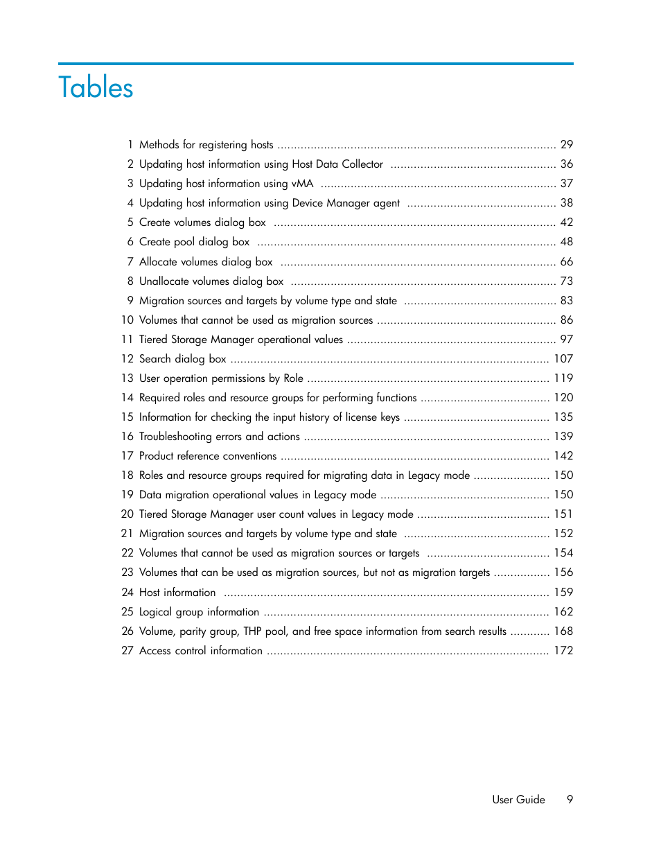 Tables | HP XP Command View Advanced Edition Software User Manual | Page 9 / 182