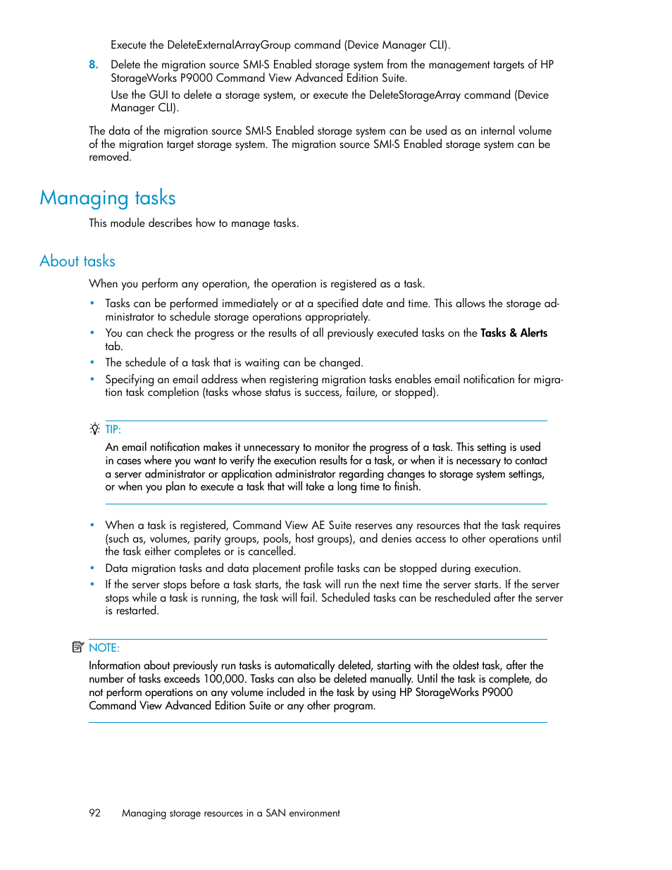 Managing tasks, About tasks | HP XP Command View Advanced Edition Software User Manual | Page 92 / 182