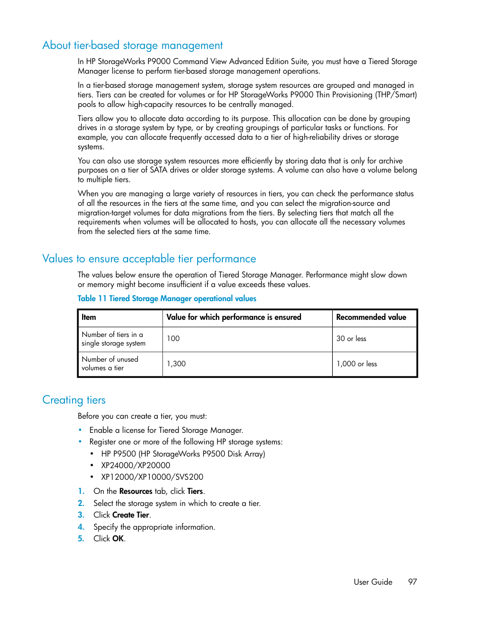 About tier-based storage management, Values to ensure acceptable tier performance, Creating tiers | 97 values to ensure acceptable tier performance, 97 creating tiers, Tiered storage manager operational values | HP XP Command View Advanced Edition Software User Manual | Page 97 / 182