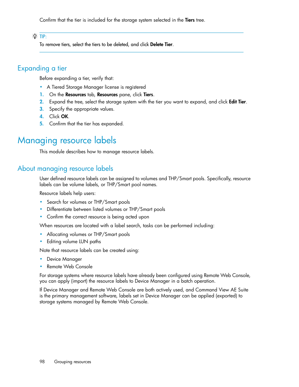 Expanding a tier, Managing resource labels, About managing resource labels | HP XP Command View Advanced Edition Software User Manual | Page 98 / 182