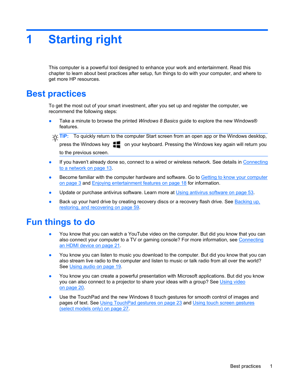 Starting right, Best practices, Fun things to do | 1 starting right, Best practices fun things to do, 1starting right | HP Pavilion Sleekbook 14-b015dx User Manual | Page 11 / 79