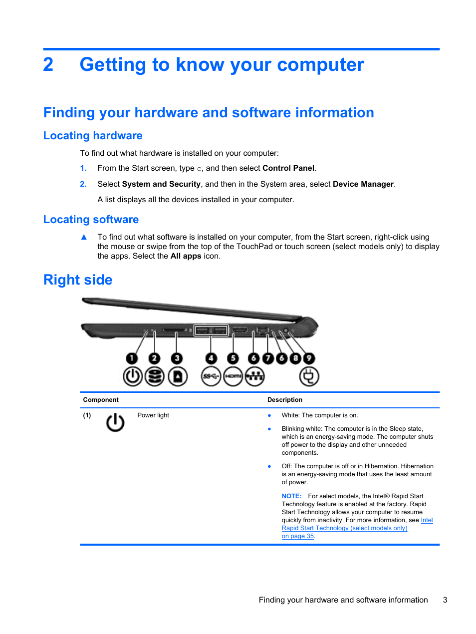 Getting to know your computer, Finding your hardware and software information, Locating hardware | Locating software, Right side, 2 getting to know your computer, Locating hardware locating software, 2getting to know your computer | HP Pavilion Sleekbook 14-b015dx User Manual | Page 13 / 79