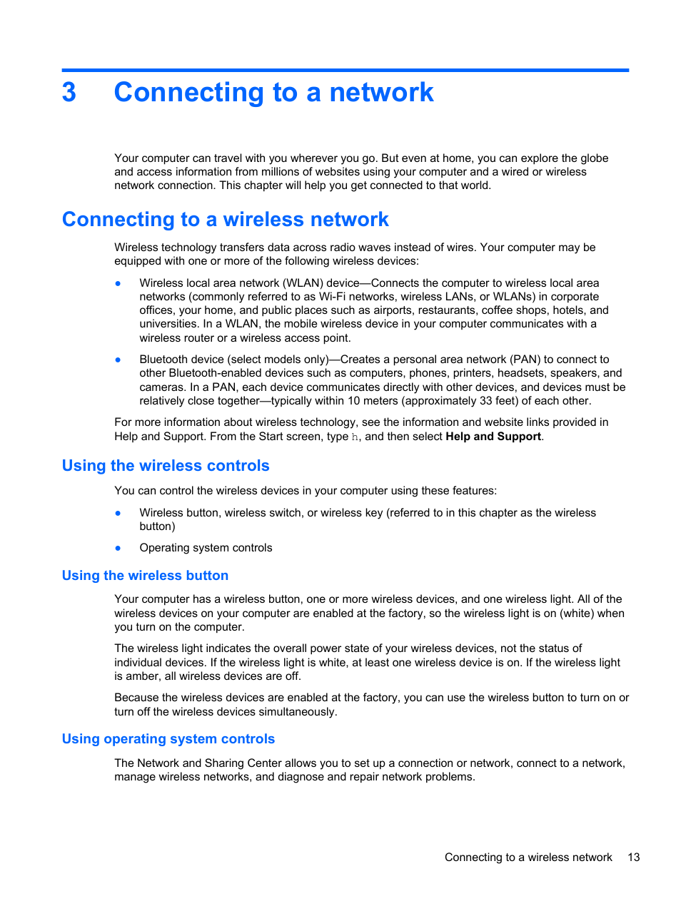 Connecting to a network, Connecting to a wireless network, Using the wireless controls | Using the wireless button, Using operating system controls, 3 connecting to a network, Connecting, 3connecting to a network | HP Pavilion Sleekbook 14-b015dx User Manual | Page 23 / 79