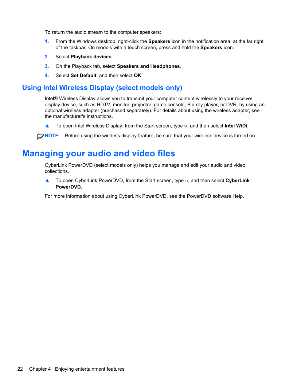 Using intel wireless display (select models only), Managing your audio and video files | HP Pavilion Sleekbook 14-b015dx User Manual | Page 32 / 79