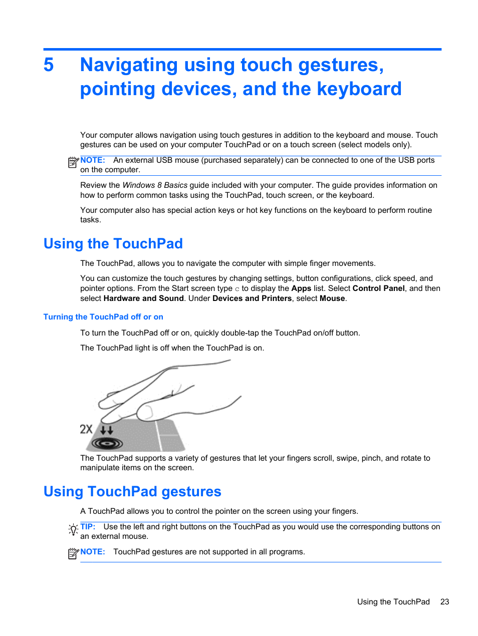 Using the touchpad, Using touchpad gestures, Using the touchpad using touchpad gestures | Text. see | HP Pavilion Sleekbook 14-b015dx User Manual | Page 33 / 79