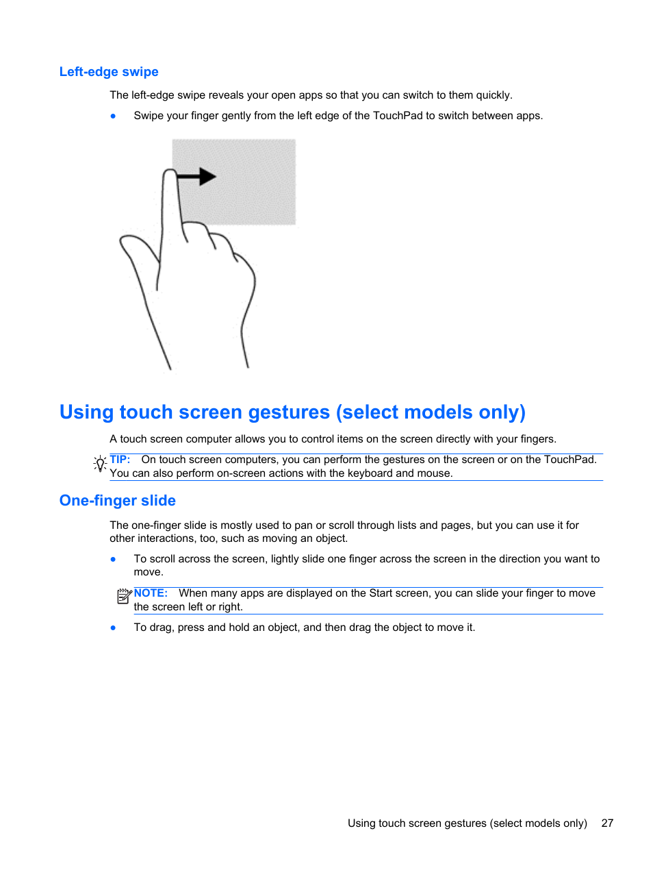 Left-edge swipe, Using touch screen gestures (select models only), One-finger slide | Using touch screen gestures | HP Pavilion Sleekbook 14-b015dx User Manual | Page 37 / 79