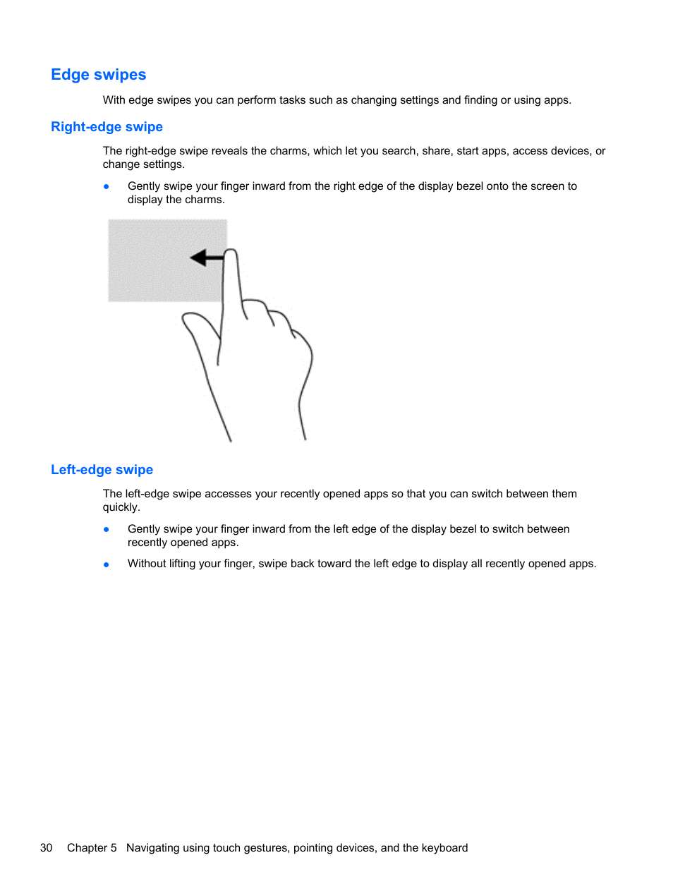 Edge swipes, Right-edge swipe, Left-edge swipe | Right-edge swipe left-edge swipe | HP Pavilion Sleekbook 14-b015dx User Manual | Page 40 / 79