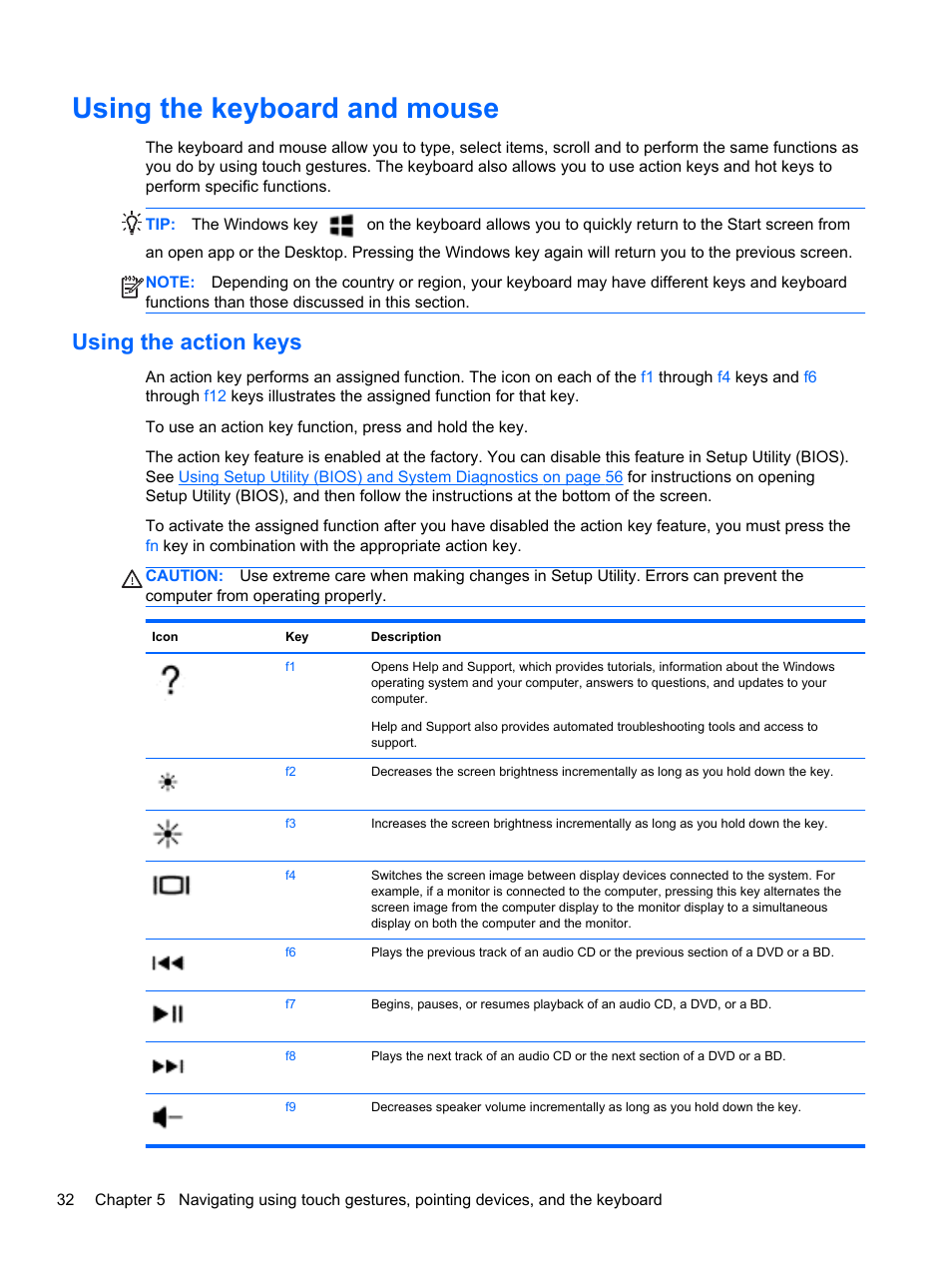 Using the keyboard and mouse, Using the action keys | HP Pavilion Sleekbook 14-b015dx User Manual | Page 42 / 79