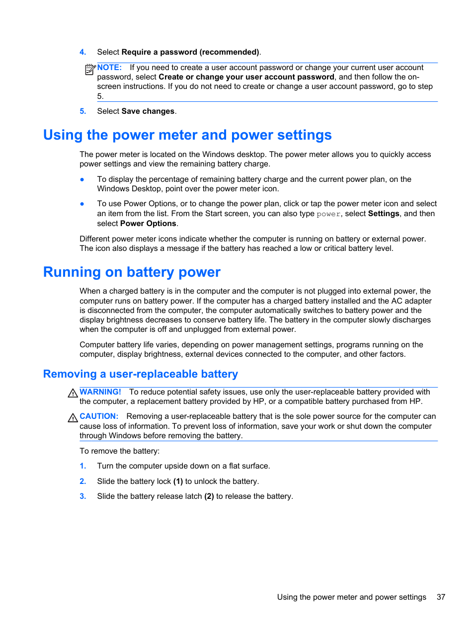 Using the power meter and power settings, Running on battery power, Removing a user-replaceable battery | HP Pavilion Sleekbook 14-b015dx User Manual | Page 47 / 79