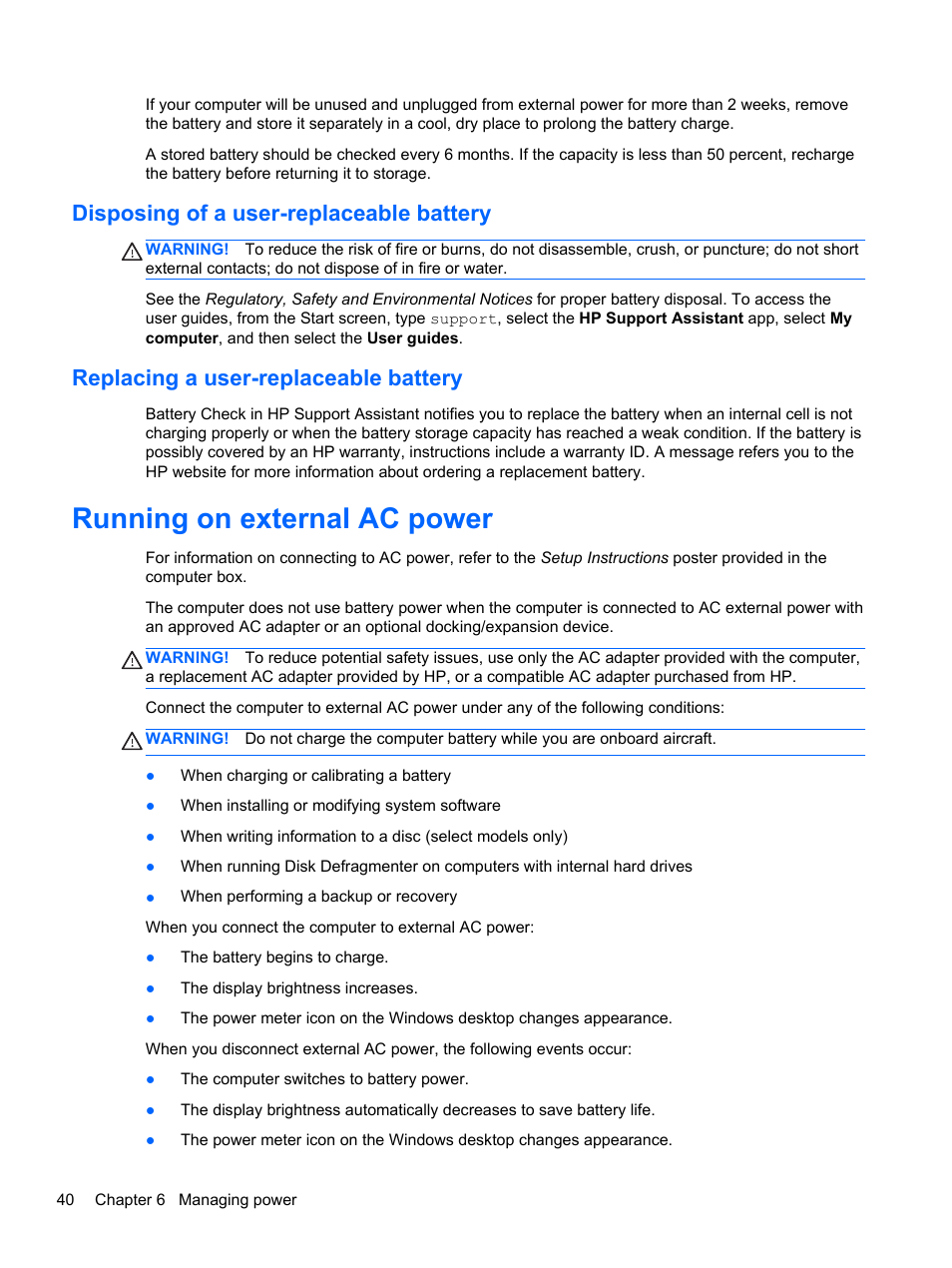 Disposing of a user-replaceable battery, Replacing a user-replaceable battery, Running on external ac power | HP Pavilion Sleekbook 14-b015dx User Manual | Page 50 / 79