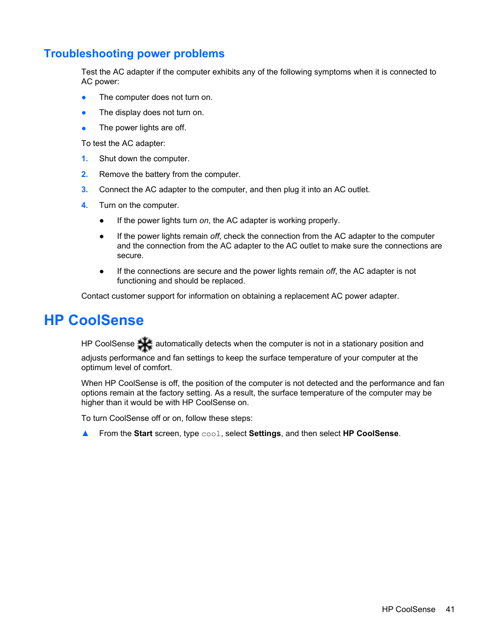 Troubleshooting power problems, Hp coolsense | HP Pavilion Sleekbook 14-b015dx User Manual | Page 51 / 79