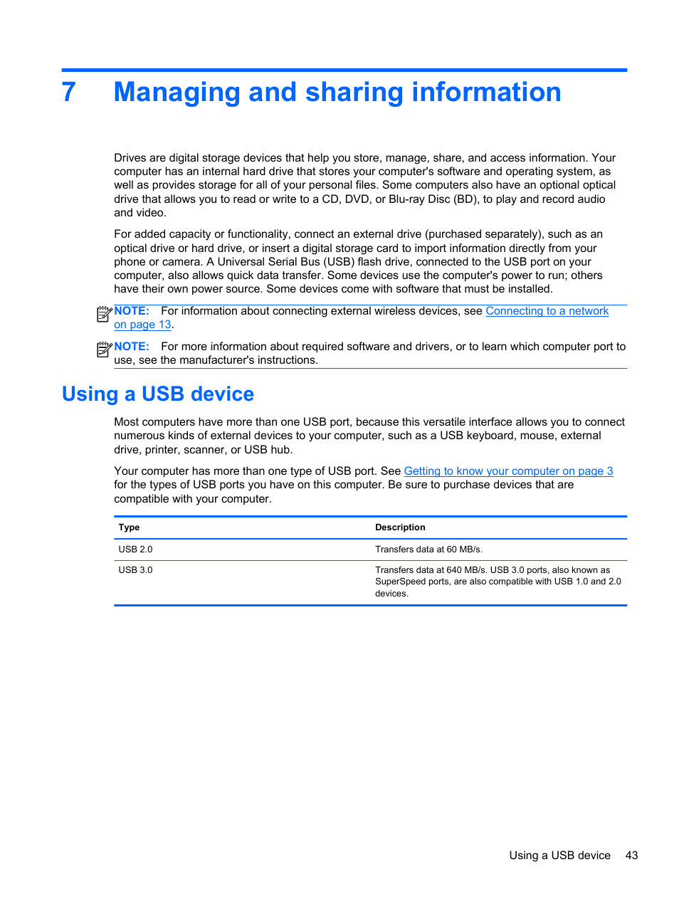 Managing and sharing information, Using a usb device, 7 managing and sharing information | 7managing and sharing information | HP Pavilion Sleekbook 14-b015dx User Manual | Page 53 / 79