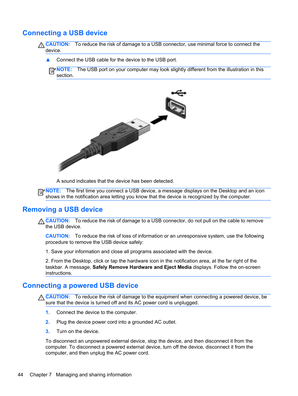 Connecting a usb device, Removing a usb device, Connecting a powered usb device | HP Pavilion Sleekbook 14-b015dx User Manual | Page 54 / 79