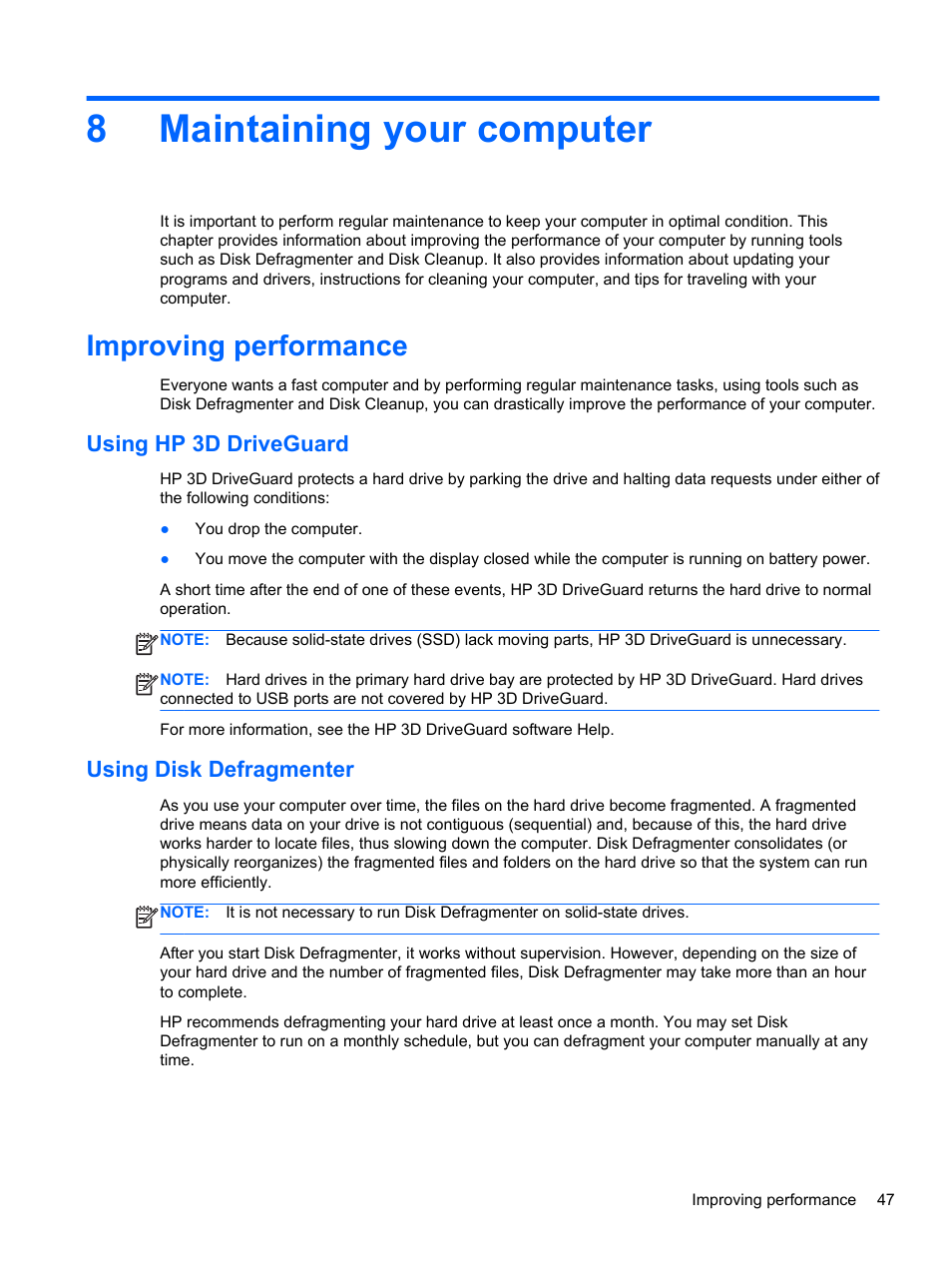 Maintaining your computer, Improving performance, Using hp 3d driveguard | Using disk defragmenter, 8 maintaining your computer, Using hp 3d driveguard using disk defragmenter, 8maintaining your computer | HP Pavilion Sleekbook 14-b015dx User Manual | Page 57 / 79