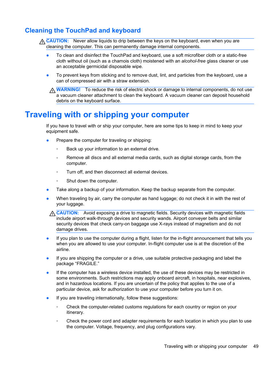 Cleaning the touchpad and keyboard, Traveling with or shipping your computer | HP Pavilion Sleekbook 14-b015dx User Manual | Page 59 / 79