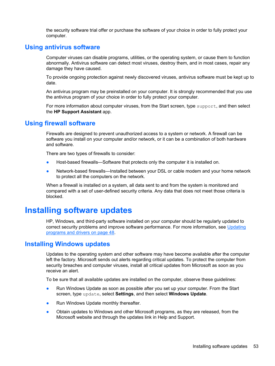 Using antivirus software, Using firewall software, Installing software updates | Installing windows updates, Using antivirus software using firewall software | HP Pavilion Sleekbook 14-b015dx User Manual | Page 63 / 79