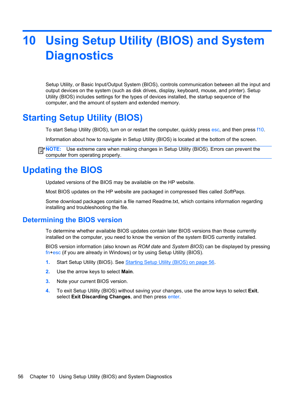 Using setup utility (bios) and system diagnostics, Starting setup utility (bios), Updating the bios | Determining the bios version, Starting setup utility (bios) updating the bios | HP Pavilion Sleekbook 14-b015dx User Manual | Page 66 / 79