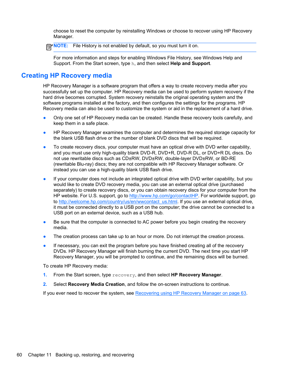 Creating hp recovery media | HP Pavilion Sleekbook 14-b015dx User Manual | Page 70 / 79