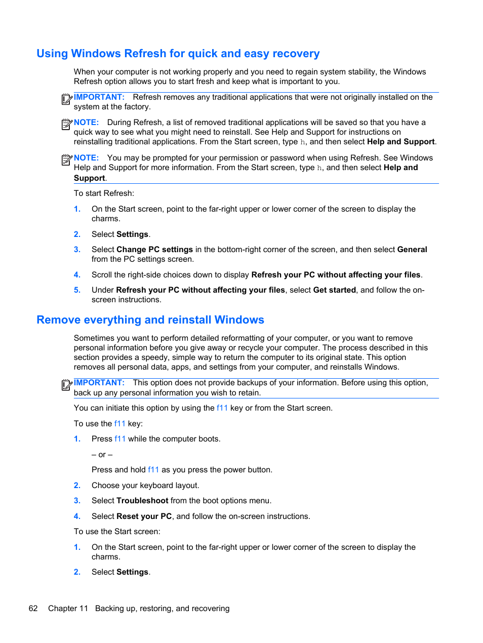 Using windows refresh for quick and easy recovery, Remove everything and reinstall windows | HP Pavilion Sleekbook 14-b015dx User Manual | Page 72 / 79
