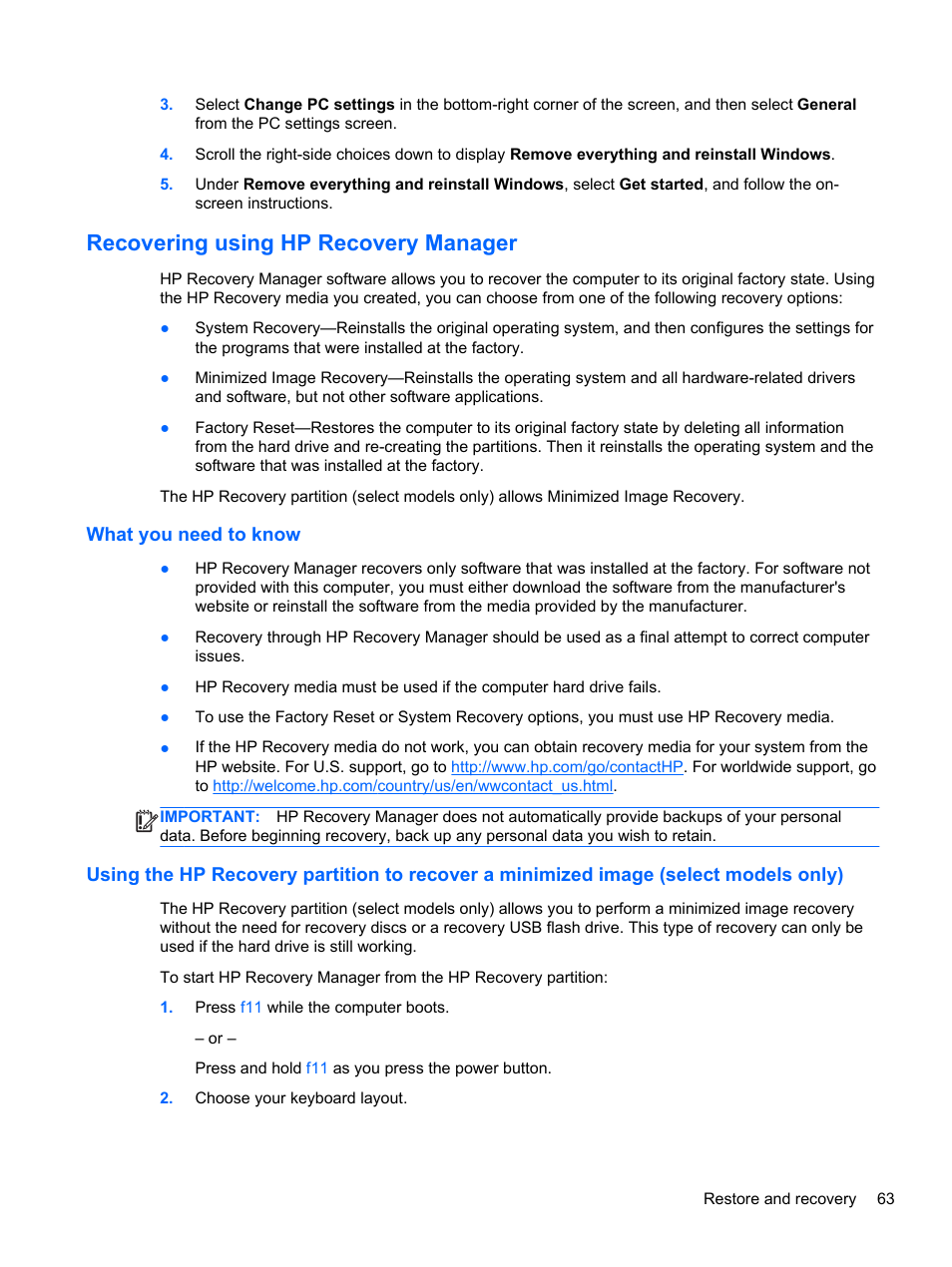 Recovering using hp recovery manager, What you need to know | HP Pavilion Sleekbook 14-b015dx User Manual | Page 73 / 79