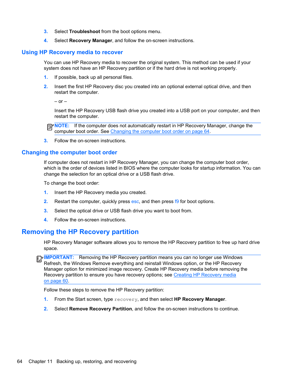Using hp recovery media to recover, Changing the computer boot order, Removing the hp recovery partition | HP Pavilion Sleekbook 14-b015dx User Manual | Page 74 / 79