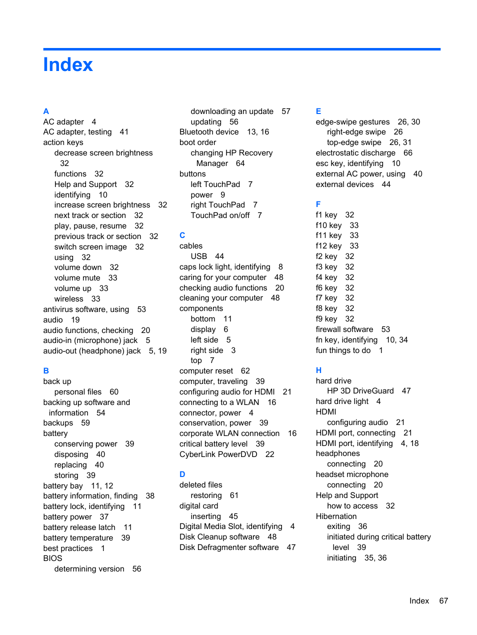 Index | HP Pavilion Sleekbook 14-b015dx User Manual | Page 77 / 79