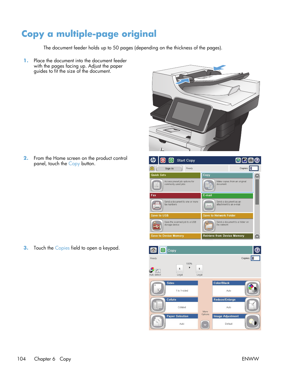 Copy a multiple-page original | HP LaserJet Enterprise 500 MFP M525 User Manual | Page 118 / 294