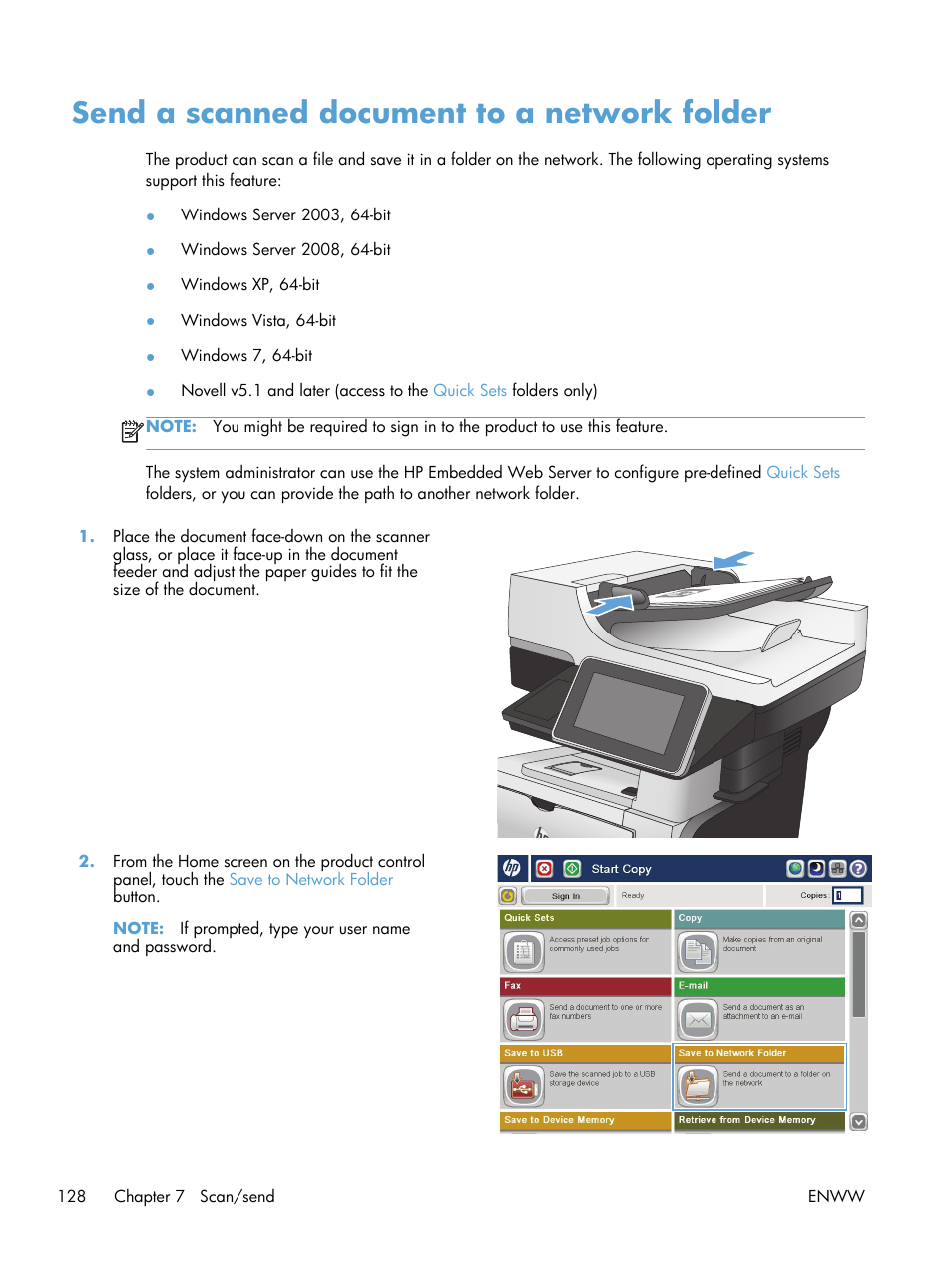 Send a scanned document to a network folder | HP LaserJet Enterprise 500 MFP M525 User Manual | Page 142 / 294